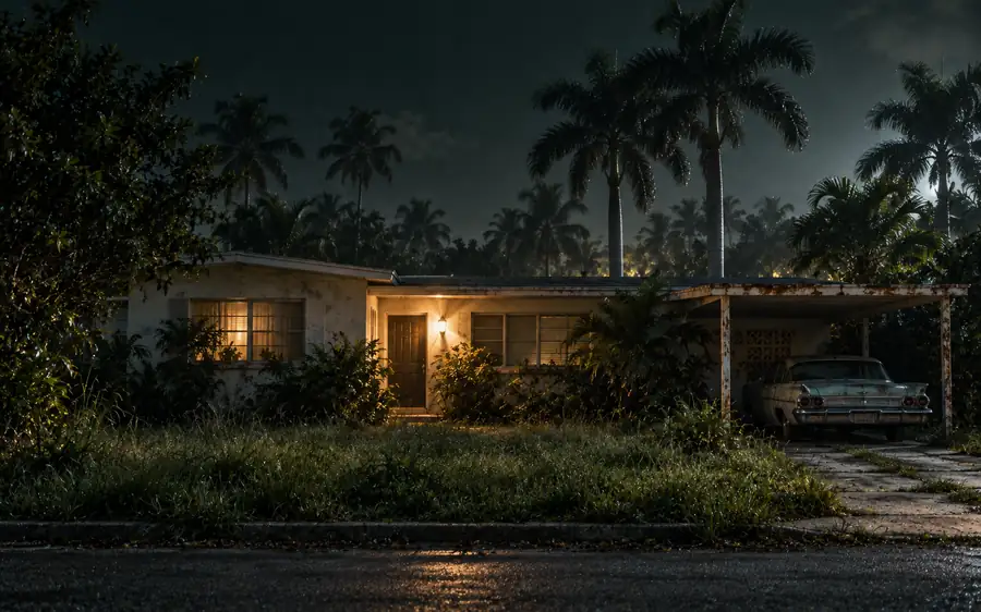 A tired 1960s South Florida ranch house at dusk with an overgrown lawn