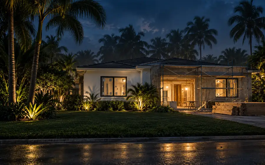 A small South Florida house mid-renovation at blue hour, fresh stucco and work lights inside